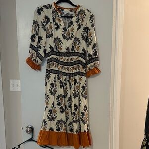 Elegant Floral Long Sleeve Dress with Ruffle Trim